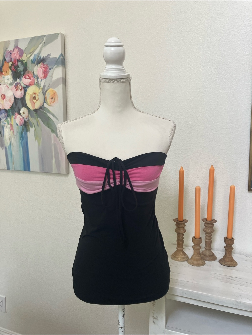 Y2k Anchor blue Black Tube Tank with Pink Colorblock